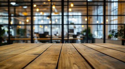 Poster - Rustic wooden table with a blurred modern office interior featuring glass partitions and warm lighting. Ideal for business branding, workspace presentations, and product displays