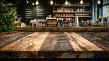 Aufkleber - Rustic wooden table with a blurred coffee shop interior featuring warm lighting and cozy decor. Ideal for branding, marketing, and presentations