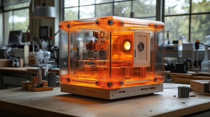 Poster - Transparent orange device on a workbench in a bright workshop with tools in the background