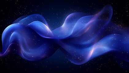 Wall Mural - Abstract blue wavy flowing ribbons against a dark starry background
