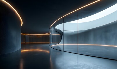 Poster - Futuristic curved glass corridor illuminated with glowing neon light strips