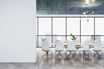 Aufkleber - Modern conference room with white chairs and city view. 3D Rendering