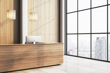 Poster - Modern reception desk in corporate office lobby with city view. 3D Rendering