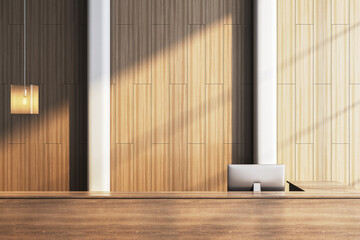 Poster - Modern reception desk in a stylish hotel lobby with wooden panel walls and warm lighting. 3D Rendering