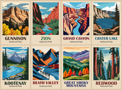 A collection of posters featuring various national parks and mountain ranges. The postcards are arranged in a grid and include Zion, Grand Canyon, Crater Lake, Yellowstone, Death Valley