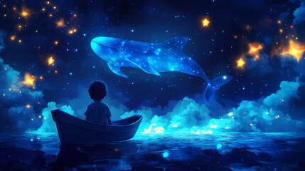 Wall Mural - paper boat fluorescent sea