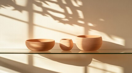 Poster - Three elegantly crafted wooden bowls arranged on a glass shelf, casting soft shadows on a wall