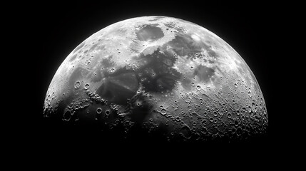 Poster - Half moon, grayscale image showing craters and surface texture, representing celestial body, astronomy, space exploration, lunar surface detail