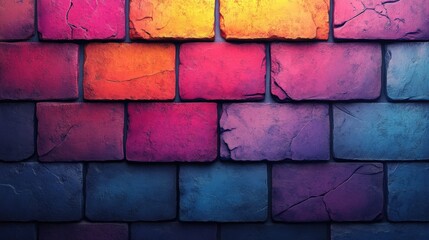 Poster - Vibrant abstract wall of textured bricks in shades of purple, pink, and orange with artistic flair