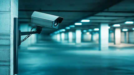 Poster - Security camera mounted on wall in parking garage, showcasing surveillance technology and safety concept, conveying security and monitoring