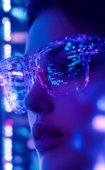 Poster - Close-up of a woman's face, partially obscured by transparent glasses reflecting neon light and code, creating a futuristic, technology-focused image