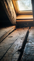 Poster - Low-angle view of aged wooden beams and floorboards in an attic, illuminated by a skylight above, showcasing texture and rustic charm, representative of history and time