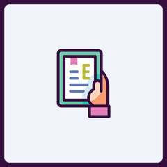 Poster - stylized hand holding electronic document with an e, representing technology