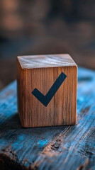 Leinwandbilder - Brown wooden cube with black checkmark, resting on dark blue wood surface.  Represents completion, confirmation, success, or approval.  Clean, minimalist design.