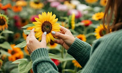 Wall Mural - woman holding sunflower in garden, vibrant flowers background, green sweater, colorful floral scene