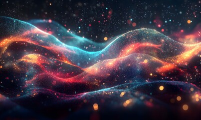 Poster - Abstract Cosmic Landscape with Vibrant Energy Waves and Stellar Dust