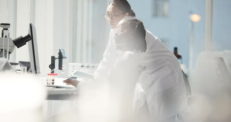 Leinwandbilder - Scientist, women and research team in lab with documents, review or pharmaceutical study with computer. People, feedback and medical report with vaccine development, innovation or talking in sequence