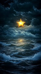 Wall Mural - a star is floating in the ocean. the water is dark blue. the sky is cloudy. the star is shining brig