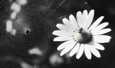 Spider on daisy, web background, nature macro