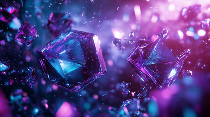 Poster - Purple and blue crystal gems floating in dark space, illuminated with vibrant neon light, showcasing a futuristic, energetic aesthetic, ideal for technology or fantasy concepts