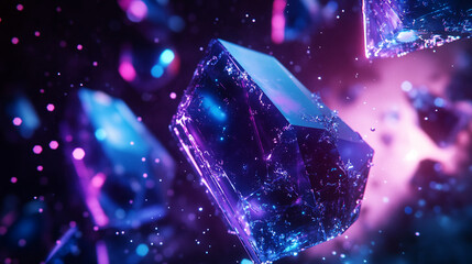 Poster - Close-up of glowing blue and purple crystal fragments, floating in dark space with bokeh effect, showcasing a futuristic, vibrant, and energetic concept
