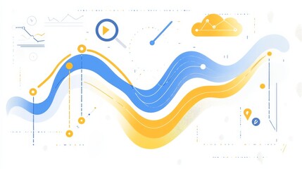 Wall Mural - two market trend graphs in blue, yellow, and orange, with an upward spiral and a straight line, acco