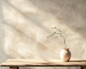 Poster - Simple beige vase with green branch on rustic wooden table against textured wall background Free space for text or product placement. Minimalist home decor scene
