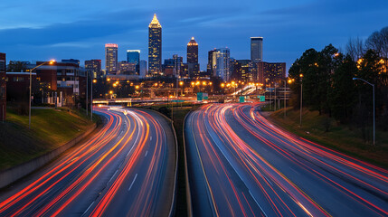Aufkleber - Night cityscape, illuminated cityscape skyline at twilight, highway with light trails, urban scene, showcasing city's dynamism and energy at dusk