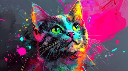 Wall Mural - Psychedelic Cat Portrait: A vibrant and surreal depiction of a domestic cat, its features accentuated by an explosion of bold colors and dynamic brushstrokes.