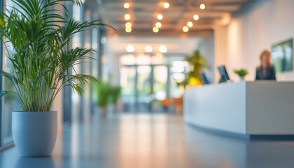 Poster - Blurry Image Of Contemporary Reception Desk In A Well-Lit Office Environment With Indoor Plants, Capturing A Modern Aesthetic.