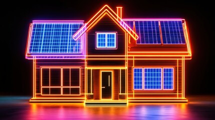 Poster - Vibrant neon representation of a modern house with solar panels, set against a dark backdrop