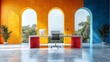 © RAKSIWAH - Modern Office Interior Design Vibrant Yellow Blue and Red Workspace with Tropical View
