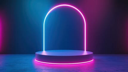 Poster - Abstract Podium with Floating Neon Lights in Vibrant Colorful Background