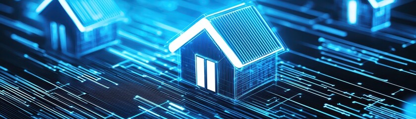 Poster - Abstract Digital Network of Glowing Houses Representing Real Estate Concepts and Innovation