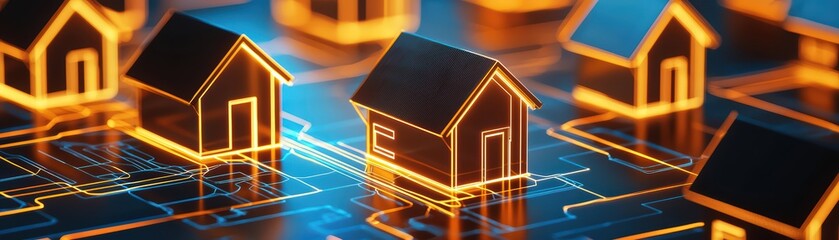 Poster - Digital Network of Glowing Abstract Houses Representing Modern Real Estate Concepts