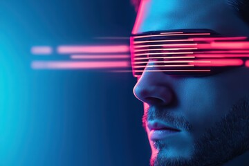Poster - Futuristic Cyberpunk Portrait with Neon Hologram Effects in a Cityscape Environment