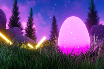 Poster - Virtual Reality Easter Egg Hunt with Colorful Neon Egg and Luminous Landscape at Dusk