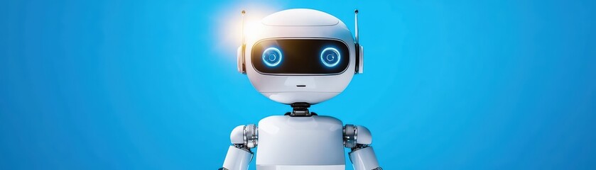 Poster - AI Powered Robot Standing on Podium with Spotlight Effect in Bright Blue Background