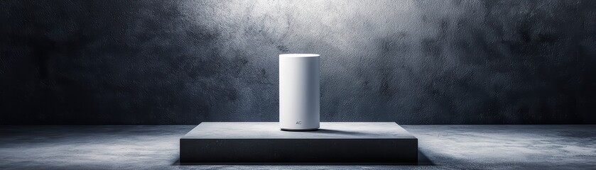 Poster - AI Powered Robot on Podium Under Spotlight Creating Futuristic Atmosphere in Contemporary Space