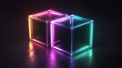 Fototapete - Two illuminated glass cubes with vibrant neon colors against a dark background