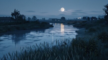 Nighttime River Landscape with Full Moon and Houses