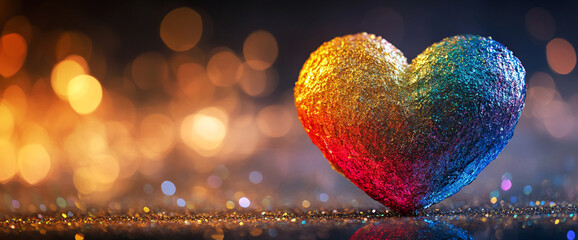 Aufkleber - Glittery rainbow heart on sparkling surface, bokeh background.  Represents love, Valentine's Day, romance, celebration