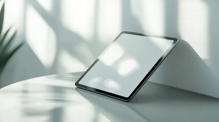 Poster - Tablet Mockup with Shadow: A sleek tablet sits on a reflective surface, bathed in the soft glow of natural light. The shadows create a dynamic composition.