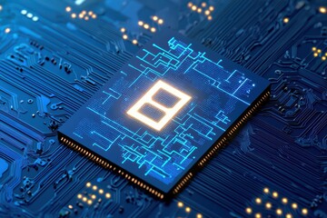 Poster - elegant minimalist ai chip design with glowing circuitry on a deep blue background