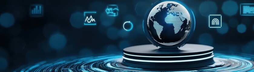 Poster - Holographic Earth Model on Podium with Surrounding Data Visualization Elements and Glowing Effects