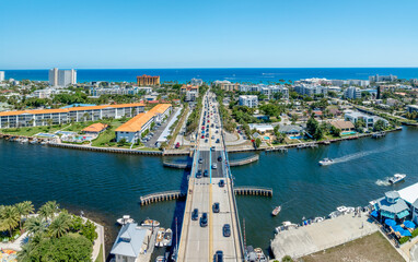 Wall Mural - Drone view of Deerfield Beach, Florida with city and bridge