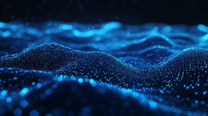 Poster - Abstract Blue Digital Waveform Landscape: Glowing Particle Fields in Motion