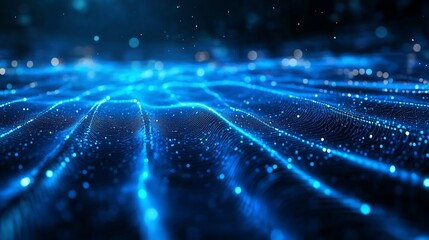 Poster - Abstract Blue Digital Wavefield: Glowing Particle Flow Visualization