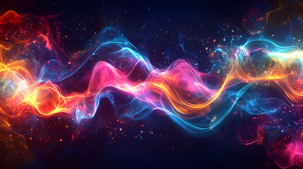 Wall Mural - Abstract iridescent holographic background with colorful neon waves, flowing lines, a dark blue and red color scheme, glowing light effects. Iridescent Flames. Illustration