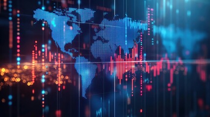 Poster - Abstract digital world map with financial data and lights
